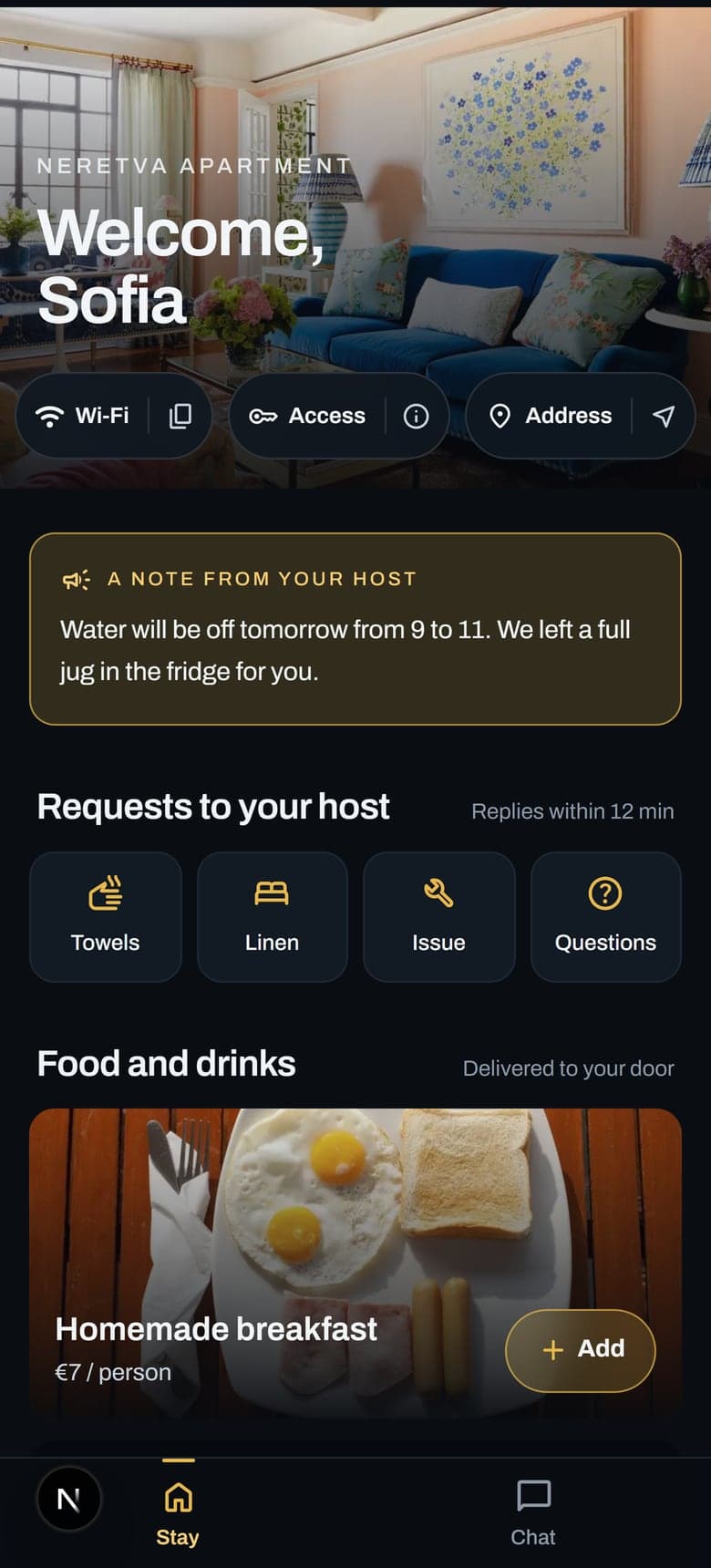 The AuraStay guest screen on a phone: welcome, Wi-Fi, house guide and host services